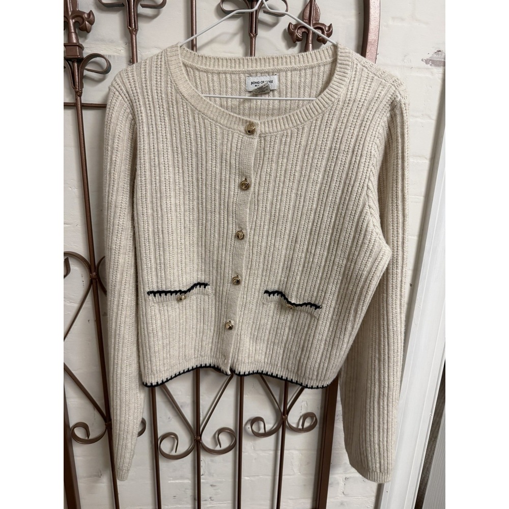 Song‎ of Style Cardigan Womens L Cropped Ribbed Knit Contrast Trim Quiet Luxury